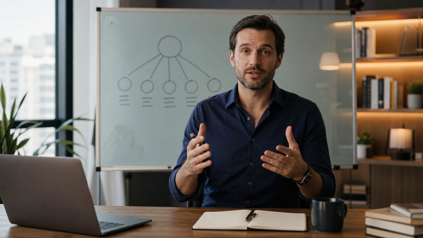 Synthetic video screenshot of a business coaching lesson